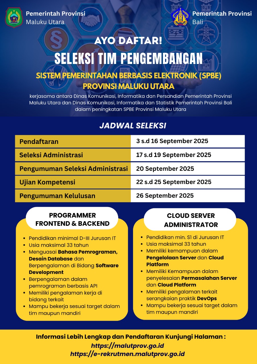 Pemprov Malut Membuka Pendaftaran Seleksi Tim Pengembangan SPBE , Ayo Bergabung dan Jadi Bagian dari Transformasi Digital Daerah